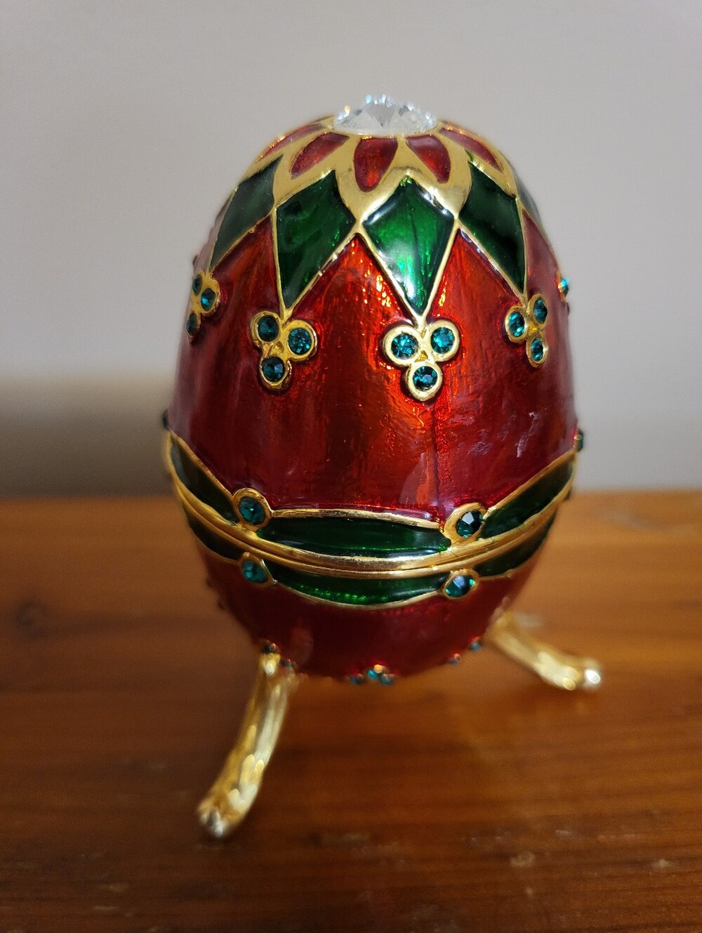 Faberge Red and Green Enameled Jeweled Musical 4 Inch Egg 3 Footed Trinket Box